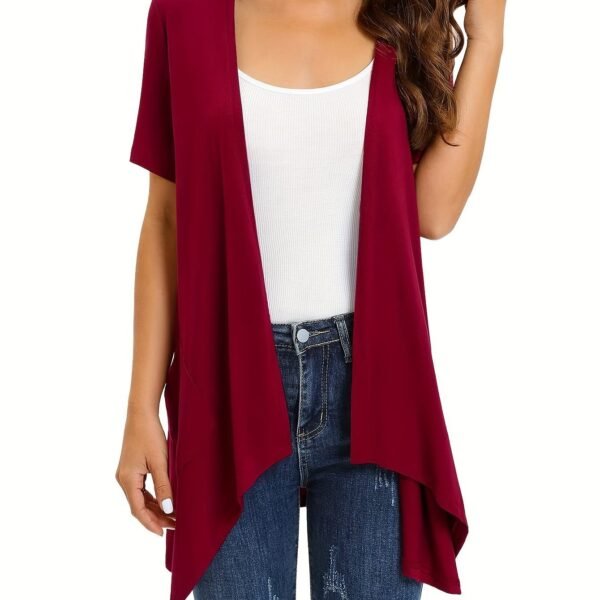 Dual Pockets Open Front Coat, Casual Short Sleeve Coat For Spring & Summer, Women's Clothing