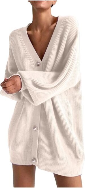 Womens Oversized Sweater Cardigan Fashion Solid Color Knitwear Long Sleeves Pearl Buttons Knit Coat Blouse Tops