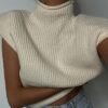Women's Sleeveless Turtleneck Sweater Vest Shoulder Pad Knitted Tank Top Casual Solid Pullover Tops Knitwear