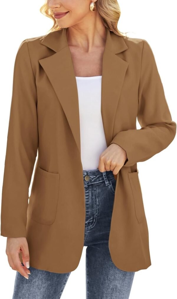 Women Open Front Blazers Long Sleeve Casual OL Office Slim Buttonless Suit Jacket with Pockets