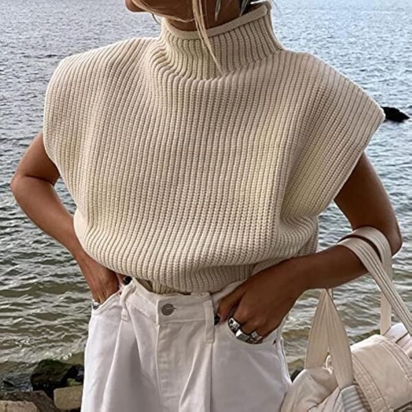 Women's Sleeveless Turtleneck Sweater Vest Shoulder Pad Knitted Tank Top Casual Solid Pullover Tops Knitwear