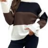 Womens Color Block Sweaters Long Sleeve Crewneck Pullover Knit Jumper Tops Fashion Casual Striped Knitwear Sweater