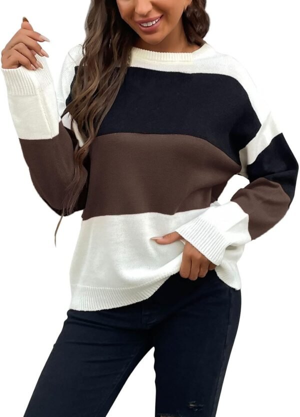Womens Color Block Sweaters Long Sleeve Crewneck Pullover Knit Jumper Tops Fashion Casual Striped Knitwear Sweater