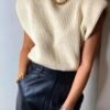Women's Sleeveless Turtleneck Sweater Vest Shoulder Pad Knitted Tank Top Casual Solid Pullover Tops Knitwear
