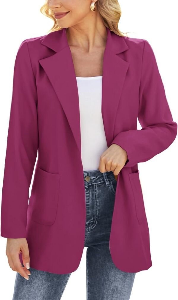Women Open Front Blazers Long Sleeve Casual OL Office Slim Buttonless Suit Jacket with Pockets