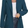 Women Open Front Blazers Long Sleeve Casual OL Office Slim Buttonless Suit Jacket with Pockets