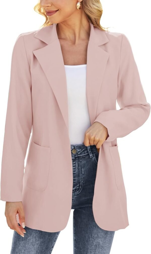 Women Open Front Blazers Long Sleeve Casual OL Office Slim Buttonless Suit Jacket with Pockets
