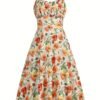 Floral Print Wide Strap Dress, Vacation Style Sleeveless Ruched Bust A-line Dress For Spring & Summer, Women's Clothing
