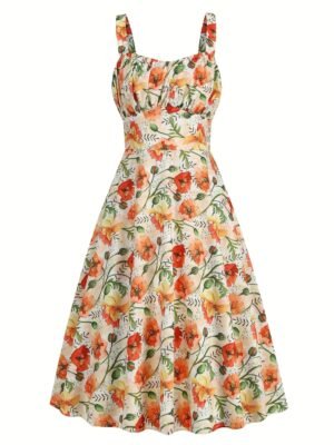 Floral Print Wide Strap Dress, Vacation Style Sleeveless Ruched Bust A-line Dress For Spring & Summer, Women's Clothing