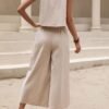 Elegant Solid Color Pantsuits Set, Crew Neck Sleeveless Tank Top & Wide Leg Pants Outfits, Women's Clothing