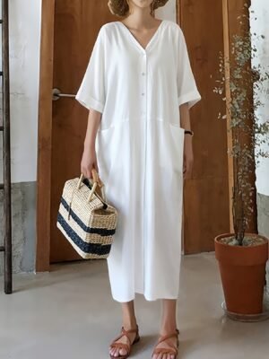Solid Color Button Coverup Dress, Casual V Neck Half Sleeve Loose Midi Dress With Pocket, Women's Clothing