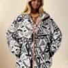 Geo Print Zip Up Parka, Casual High Neck Long Sleeve Winter Warm Outerwear, Women's Clothing