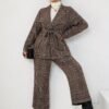 Plus Size Elegant Suit Set, Women's Plus Plaid Print Long Sleeve Waterfall Collar Belted Blazer & Wide Leg Pants Outfits Two Piece Set