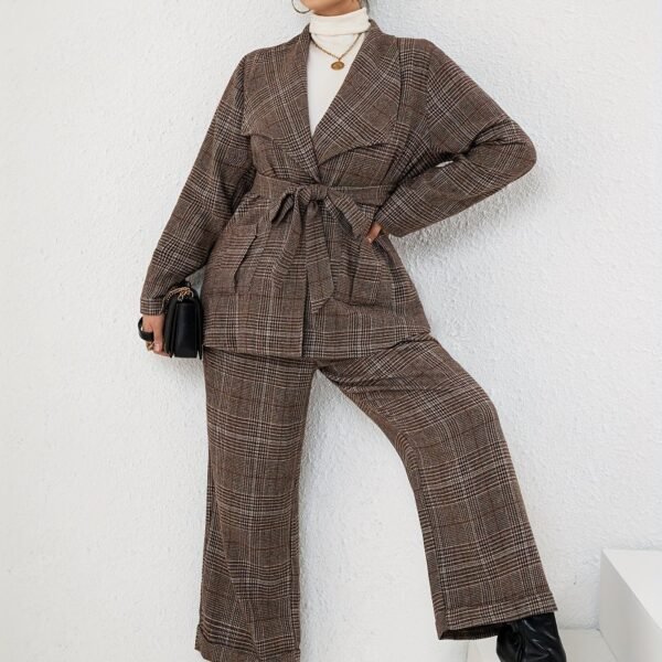 Plus Size Elegant Suit Set, Women's Plus Plaid Print Long Sleeve Waterfall Collar Belted Blazer & Wide Leg Pants Outfits Two Piece Set