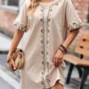 Embroidered Trim Crew Neck Dress, Elegant Simple Short Sleeve Dress For Spring & Summer, Women's Clothing