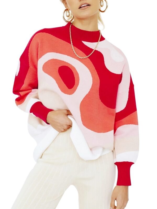 Plus Size Casual Sweater, Women's Plus Abstract Print Long Sleeve Mock Neck Medium Stretch Pullover Jumper