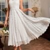 Solid Lace Scallop Trim Halter Dress, Elegant Sleeveless Ruffle Hem Swing Aline Dress For Party & Banquet, Women's Clothing