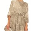 Sequined Tie Waist Dress, Elegant Solid Dress For Club & Party, Women's Clothing