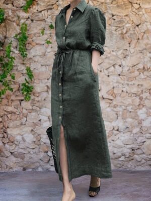 Button Front Tie Waist Dress, Elegant Solid Color Pocket Collared Dress For Spring & Fall, Women's Clothing