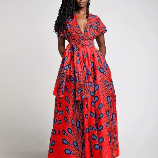 Abstract Print Split Thigh Dress, Boho Plunging High Waist Maxi Dress, Women's Clothing