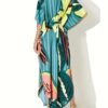 Floral Print V Neck Maxi Dress, Vacation Batwing Sleeve Belted Beach Dress, Women's Clothing