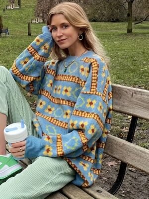 Plus Size Casual Sweater, Women's Plus Colorblock Floral Print Long Sleeve Round Neck Jumper