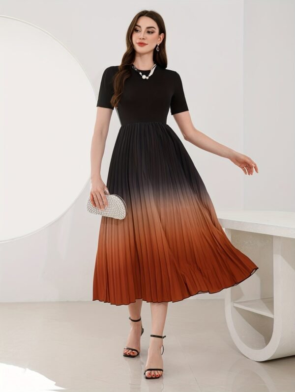 Ombre Crew Neck Pleated Dress, Elegant Short Sleeve A-line Swing Dress For Spring & Summer, Women's Clothing
