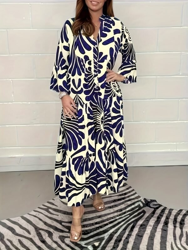 Plus Size All Over Print Tiered Dress, Vacation Button Front 3/4 Sleeve Dress For Spring & Summer, Women's Plus Size Clothing