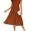 Solid Color Shirred Midi Dress, Elegant Flutter Sleeve Ruffle Hem Dress For Spring & Summer, Women's Clothing