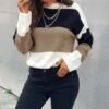 Womens Color Block Sweaters Long Sleeve Crewneck Pullover Knit Jumper Tops Fashion Casual Striped Knitwear Sweater