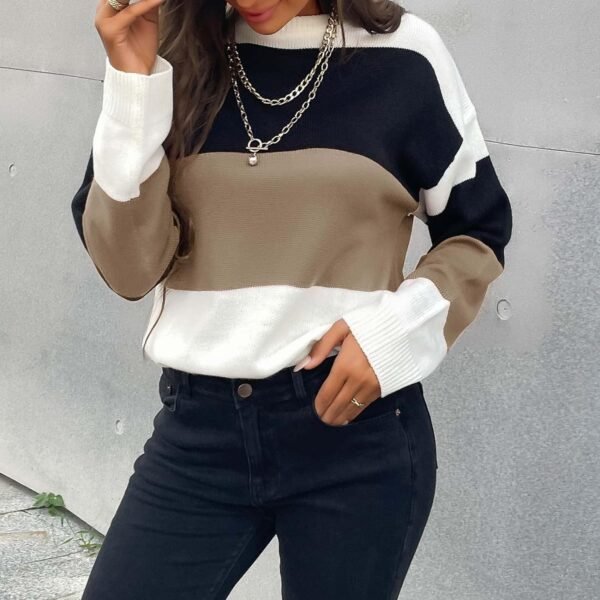 Womens Color Block Sweaters Long Sleeve Crewneck Pullover Knit Jumper Tops Fashion Casual Striped Knitwear Sweater