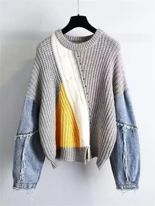 Fashion Women's Sweater Autumn Winter Contrast Denim Loose Fitting Pullover Street Fashion Casual O-Neck Knitwear Tops