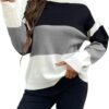 Womens Color Block Sweaters Long Sleeve Crewneck Pullover Knit Jumper Tops Fashion Casual Striped Knitwear Sweater