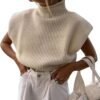 Women's Sleeveless Turtleneck Sweater Vest Shoulder Pad Knitted Tank Top Casual Solid Pullover Tops Knitwear