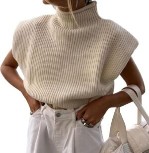 Women's Sleeveless Turtleneck Sweater Vest Shoulder Pad Knitted Tank Top Casual Solid Pullover Tops Knitwear