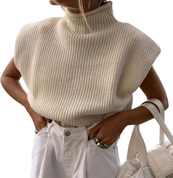Women's Sleeveless Turtleneck Sweater Vest Shoulder Pad Knitted Tank Top Casual Solid Pullover Tops Knitwear