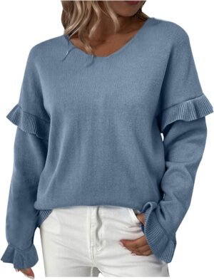 Dademeo Women Sweaters Fall Fashion Knit 2023 V Neck Long Sleeve Tops Casual Trendy Loose Knit Pullover Outwear Knitwear Tops