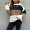 Womens Color Block Sweaters Long Sleeve Crewneck Pullover Knit Jumper Tops Fashion Casual Striped Knitwear Sweater