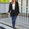 Women Open Front Blazers Long Sleeve Casual OL Office Slim Buttonless Suit Jacket with Pockets