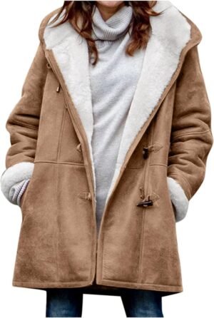 Windproof Sherpa Lined Outerwear for Women Winter, Fashion Fleece Hooded Overcoat with Pockets, Warm and Thicken Parka Jacket