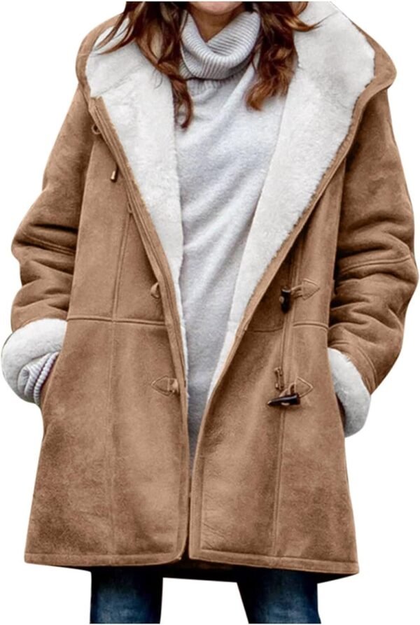 Windproof Sherpa Lined Outerwear for Women Winter, Fashion Fleece Hooded Overcoat with Pockets, Warm and Thicken Parka Jacket