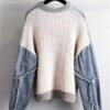 Fashion Women's Sweater Autumn Winter Contrast Denim Loose Fitting Pullover Street Fashion Casual O-Neck Knitwear Tops