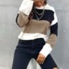 Womens Color Block Sweaters Long Sleeve Crewneck Pullover Knit Jumper Tops Fashion Casual Striped Knitwear Sweater