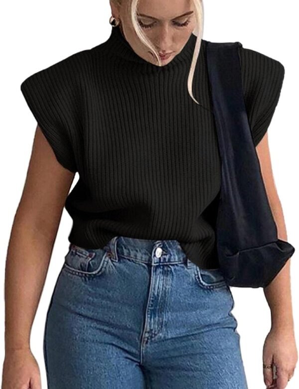Women's Sleeveless Turtleneck Sweater Vest Shoulder Pad Knitted Tank Top Casual Solid Pullover Tops Knitwear