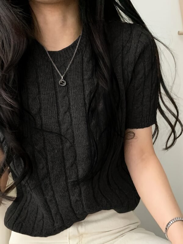 Cable Knit Pullover Sweater, Casual Short Sleeve Knitted Sweater For Spring & Summer, Women's Clothing