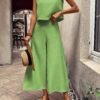 Elegant Solid Color Pantsuits Set, Crew Neck Tank Top & Wide Leg Pants Outfits, Women's Clothing