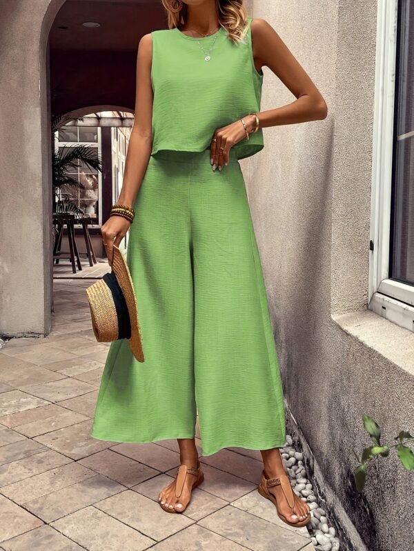 Elegant Solid Color Pantsuits Set, Crew Neck Tank Top & Wide Leg Pants Outfits, Women's Clothing