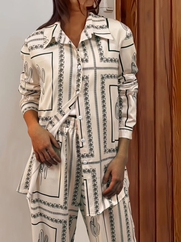 Elegant Abstract Print Pants Set, Long Sleeve Button Front Shirt & Straight Leg Loose Pants Summer Outfits, Women's Clothing