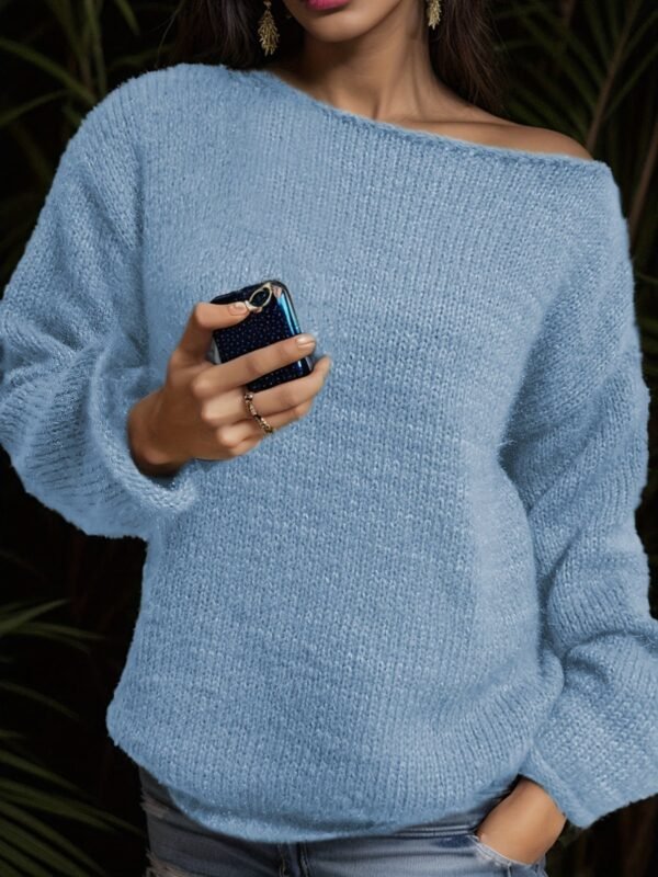 Solid Boat Neck Pullover Sweater, Casual Long Sleeve Drop Shoulder Loose Sweater, Women's Clothing