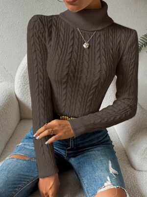Solid Turtle Neck Cable Knit Sweater, Casual Long Sleeve Slim Sweater, Women's Clothing